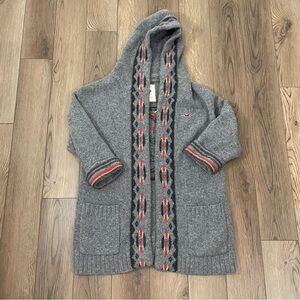 Hollister Lamb Wool California Bear Long Open Cardigan Sweater Gray‎ Aztec